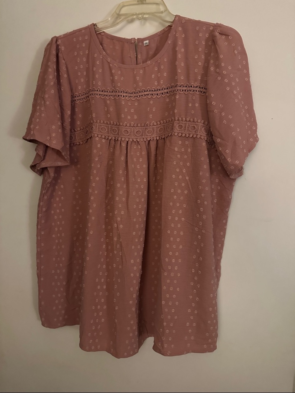 Woven Lace-Trim Puff Sleeve Top - Dusty Rose